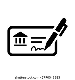 Professional check payment icon featuring a bank check with signature and financial institution symbol. Ideal for banking websites, fintech platforms, accounting software, invoicing systems, payment processing services, business applications, financial dashboards, and digital transaction interfaces.