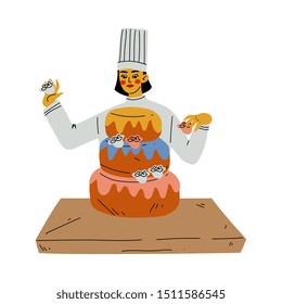 Professional Chef Baking and Decorating Cake, Kitchener Character Wearing Classic Traditional White Uniform Cooking in Restaurant or Cafe Vector Illustration