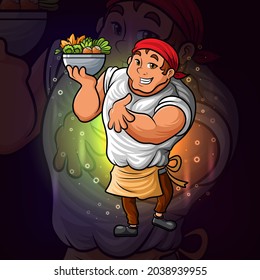 The professional chef with the bowl of vegetable esport logo design of illustration