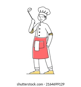 Professional chef in cap with ladle in hand characters flat vector illustration. Different occupations people standing in line