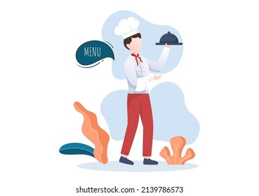 Caricatura profesional del chef Caricatura Ilustración de cocina con diferentes bandejas y alimentos para servir deliciosa comida adecuada para afiches o antecedentes