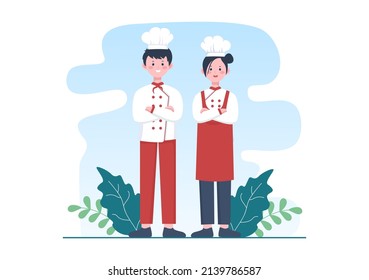 Caricatura profesional del chef Caricatura Ilustración de cocina con diferentes bandejas y alimentos para servir deliciosa comida adecuada para afiches o antecedentes