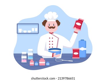 Professional Chef Cartoon Character Cooking Illustration with Different Trays and Food to Serve Delicious Food Made in Kitchen Suitable for Poster 