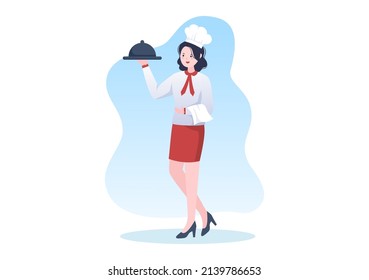 Professional Chef Cartoon Character Cooking Illustration with Different Trays and Food to Serve Delicious Food Suitable for Poster or Background