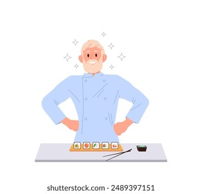 Professional chef cartoon character engaged in sushi preparation process presenting master class