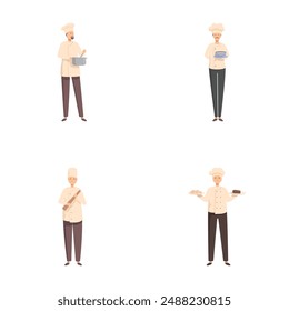 Professional chef characters in culinary industry with expertise in cooking. Baking. And food preparation. Depicted in a set of animated illustrations wearing kitchen uniforms and using utensils. Pots