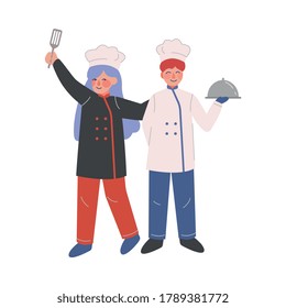 Professional Chef Characters, Kitcheners Wearing Traditional Uniform Working in Restaurant or Cafe, Vector Illustration