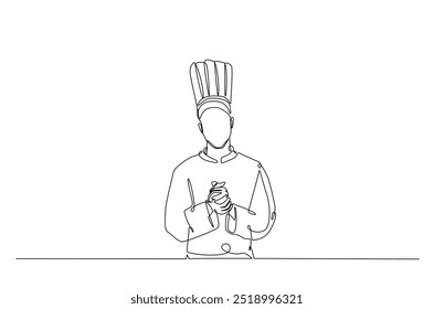 Chef profissional contínuo um desenho de linha. Chef vestindo uniforme e chapéu de chef em ilustração de arte de linha única. Vetor editável.  