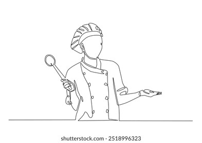 Professional chef continuous one line drawing. Chef wearing uniform and chef hat in single line art illustration. Editable vector.  