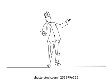 Professional chef continuous one line drawing. Chef wearing uniform and chef hat in single line art illustration. Editable vector.  