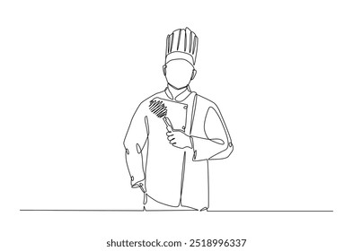 Professional chef continuous one line drawing. Chef wearing uniform and chef hat in single line art illustration. Editable vector.  
