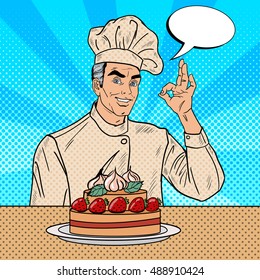 Professional Chef Cook Gesturing OK. Pop Art Vector illustration