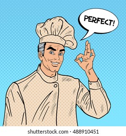 Professional Chef Cook Gesturing OK. Pop Art Vector illustration