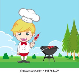 professional chef is cooking bbq in the garden design cartoon character  by illustration vector
