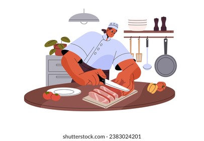 Un chef profesional cocina comida, cocina, prepara comida. Mujer uniformemente picando carne en rodaja con cuchillo en la tabla de picar. Restaurante gastronómico. Ilustración vectorial aislada plana sobre fondo blanco