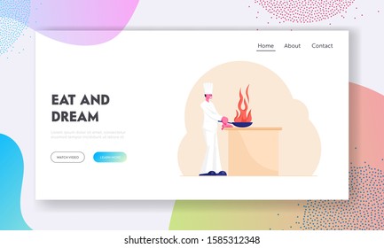 Professional Chef Cooking Food Over Open Fire Website Landing Page. Male Character in White Cook Uniform Holding Pan with Burning Flame. Hotel Service Web Page Banner. Cartoon Flat Vector Illustration