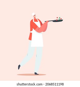 Professional Chef Cooking Food Prepare Vegetables on Pan. Male Character in White Cook Uniform Apron and Toque, Hotel Service Stuff Isolated on Pink Background. Cartoon People Vector Illustration