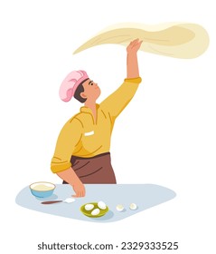 Professional chef cooking Italian dishes and recipes, isolated man with pizza dough in hand. Cook in restaurant or diner, pizzeria staff or worker with tasty products and meal. Vector in flat style