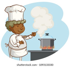 Una ilustración de un chef profesional cocinando sobre fondo blanco