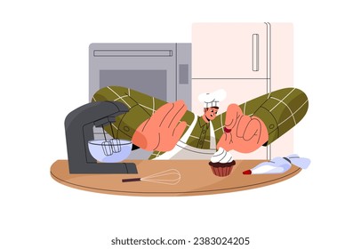 Professional chef cooking pastry food. Confectioner cook cream cake, decorate cupcake. Young man in hat, apron prepare dish. Restaurant culinary. Flat isolated vector illustration on white background.