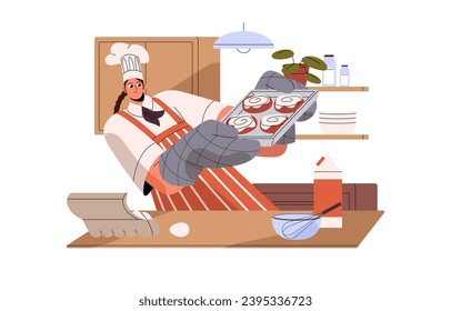 Cocina de pastelería de chef profesional. Niña cocinera muffin, rollo, panecillo de canela. Mujer joven en sombrero, delantal, mitones preparan comida. Restaurante gastronómico. Ilustración vectorial aislada plana en blanco