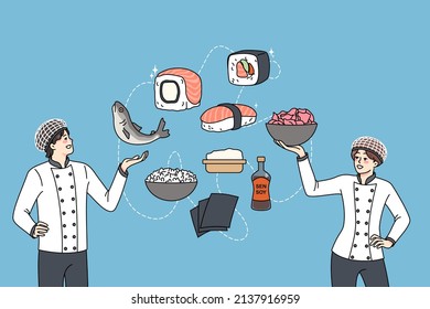 Professional chef cooking rolls and sushi for restaurant menu. Diverse people cooks prepare Japanese traditional dish. Seafood japan cuisine. International culture. Vector illustration. 