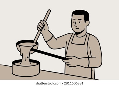 Professional chef or factory worker wearing an apron and pouring liquid batter from a large ladle into a big cooking pot in a kitchen setting.