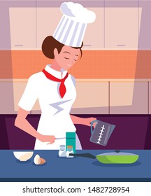 professional chef female cooking in kitchen scene