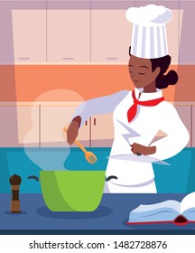 professional chef female in kitchen cooking