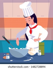 professional chef female in kitchen cooking