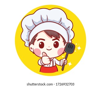 Professional Chef With Foods In Hands, Occupation, Cuisine, Menu, Kitchen, Crockery, Cookery, Bakery cartoon art illustration logo. Premium Vector