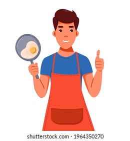 Professional chef with a frying pan. A man with a frying pan of eggs. Excellent breakfast with scrambled eggs. Thumbs up chef. vector illustration flat design. 
