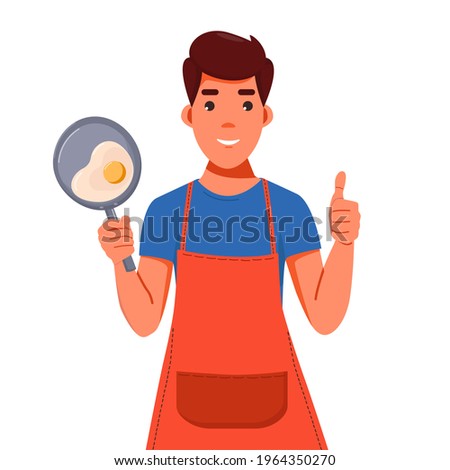 Professional chef with a frying pan. A man with a frying pan of eggs. Excellent breakfast with scrambled eggs. Thumbs up chef. vector illustration flat design. 
