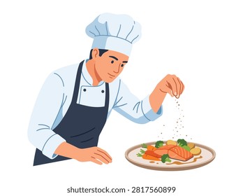 Professional chef garnishing cooked salmon with herbs and spices. Ideal for food blogs restaurant menus and culinary advertising. Vector illustration.