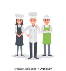 
Professional chef group. Chief-cooker with assistants. Vector people illustration.