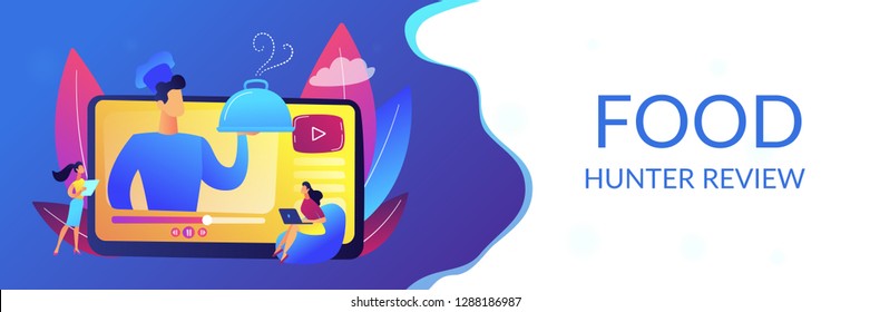 Professional chef holding dish on video and users watching food blog with recipes. Food blogging, food hunter review, foodie blog concept. Header or footer banner template with copy space.