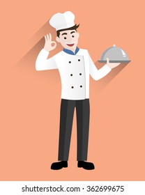 Profesional chef sosteniendo un Vector de bandeja de plata
