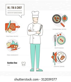 Professional chef infographic resume and skill and thin line male character