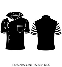 Ilustração profissional do vetor da silhueta da jaqueta do chef com botões laterais e mangas listradas para o modelo de design de vestuário uniforme culinário