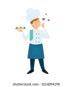 Professional the chef kisses his fingers and holds the dish.. Cartoon style. Vector illustration.