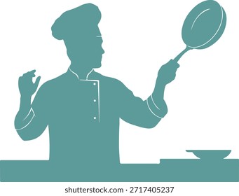 Un chef profesional en una cocina, cocinando con una sartén, demostrando habilidades culinarias y experiencia. La silueta transmite un sentido de enfoque y creatividad en la preparación de alimentos.