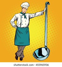 Professional Chef With Ladle Pop Art Retro Vector. Cooking And Haute Cuisine