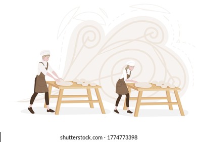 Professional chef male and female making dough for baking working on wooden tables cartoon character design flat vector illustration on white background