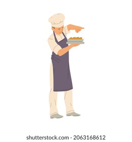 Professional chef man adding spices to a dish, flat vector illustration isolated on white background. Restaurant chef cook male cartoon character in uniform wear.