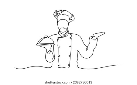 Professional Chef Man Serving a Food Oneline Continuous Single Line Art Editable Line