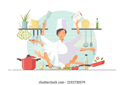 Professional chef with many hands does many tasks at the same time in kitchen. Multitasking and time management concept. Young woman chef preparing dishes at restaurant workplace. Vector illustration