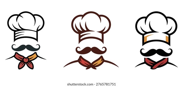 Profesional chef con bigote y sombrero de toque colección de logotipo culinario