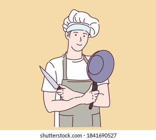 Professional chef with pan and knives. Hand drawn in thin line style, vector illustrations.