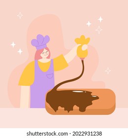 professional chef pastry chef girl. sweet chocolate dessert for the holiday. chocolate eclair.