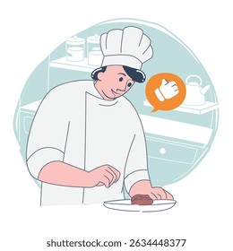 Professional chef plating food in kitchen, flat vector style